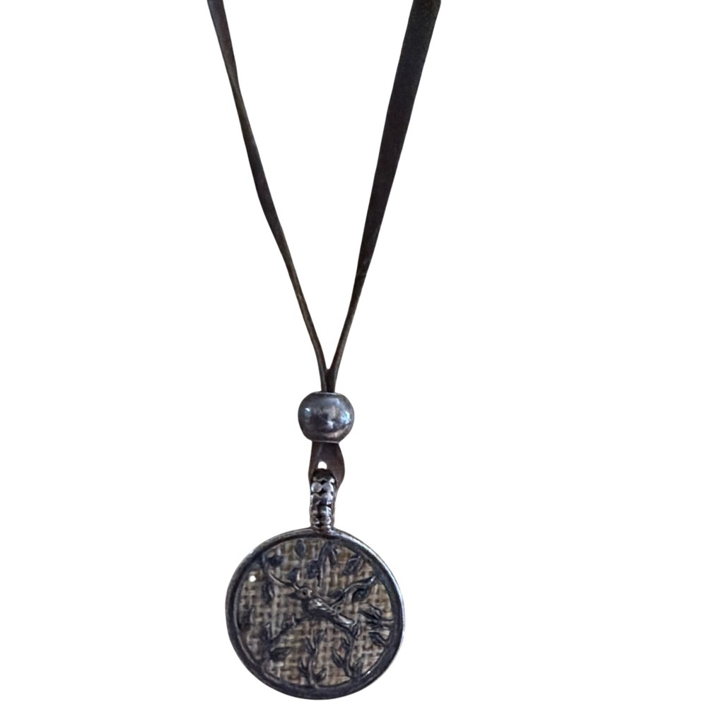 Bird in Branches Round Cutout Pendant Necklace Brown Cord  Artisan Gift